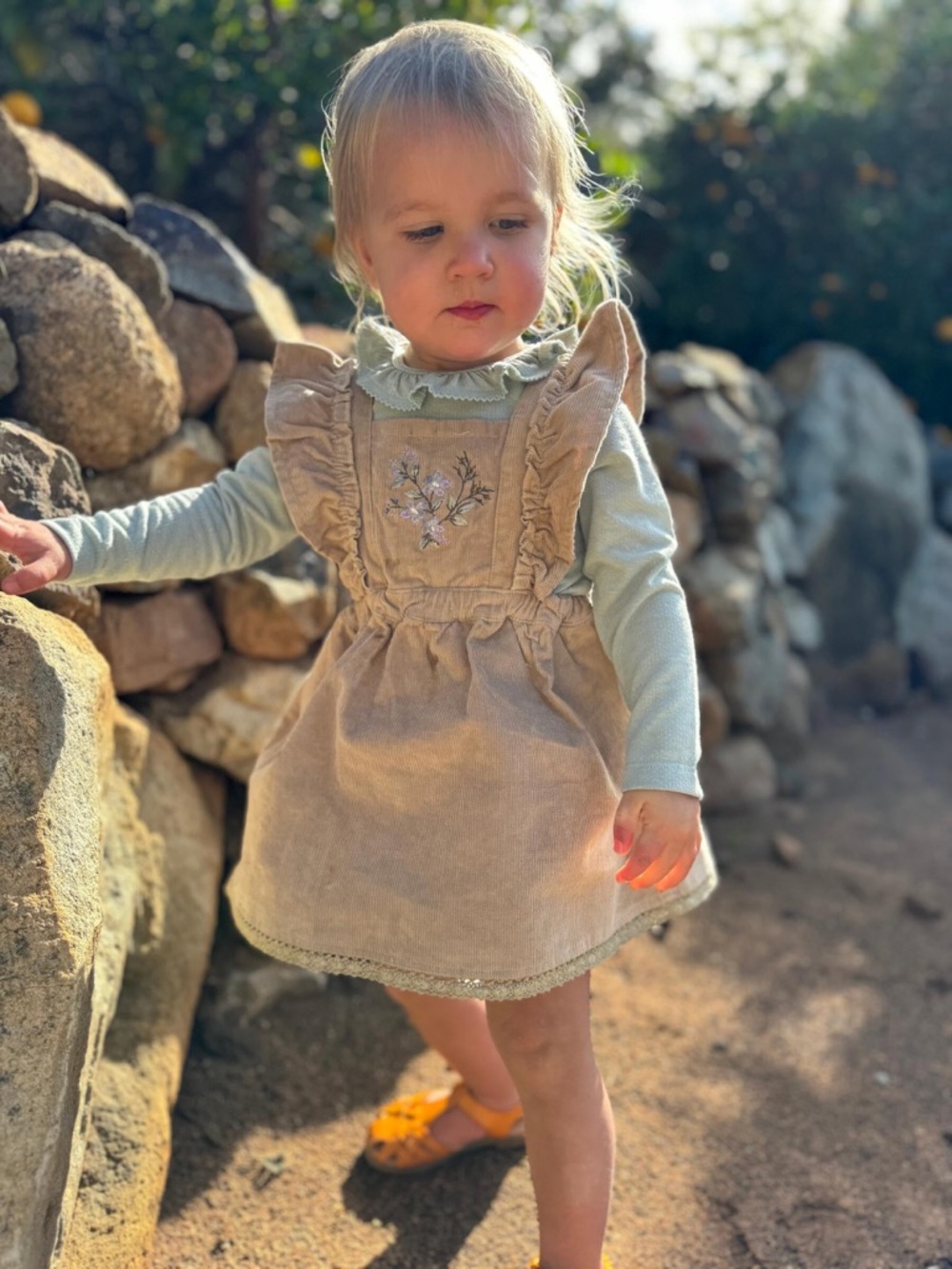 Toddler Ruffle Pinafore Dress with Floral Embroidery - Tan
